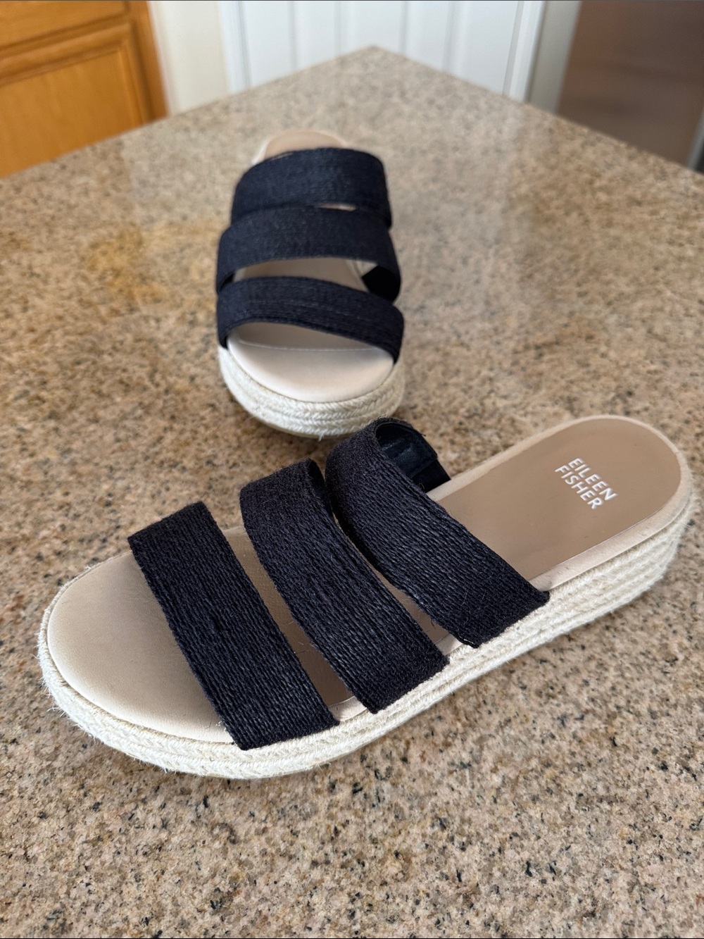 Eileen Fisher Black Triple-Strap Espadrille Slide Sandals